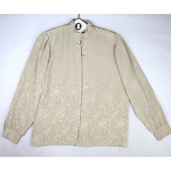 COUNTRY SUBURBANS - WOMEN'S BEIGE HIGH NECK SILKY TEXTURED VINTAGE BLOUSE - 10 - Picture 2 of 9